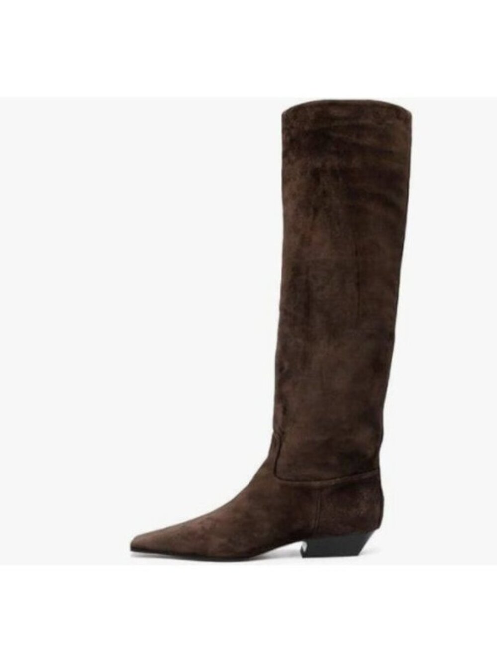 miss left Women Square Toe Knee High Boot Wide Calf Low Chunky Heels Brown Suede